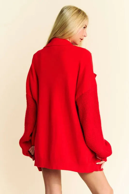 Davi & Dani Red Button Up Dropped Shoulder Cardigan with Pockets