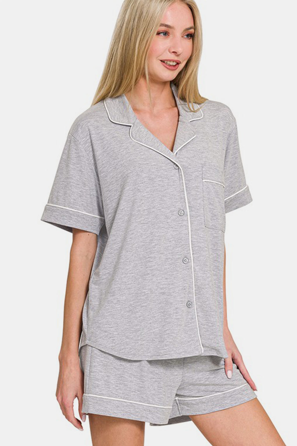 Zenana Light Grey Button Down Short Sleeve Top and Shorts Lounge Set Loungewear Set