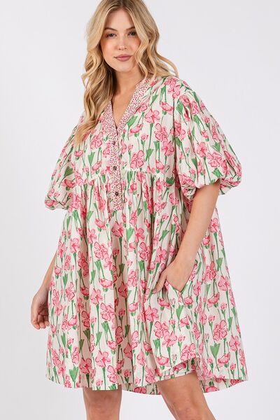 SAGE + FIG Pink Floral Half Button Notched Puff Sleeve Dress