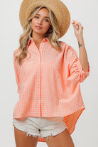 BiBi Coral & Blush Plaid Button Up Dolman Sleeve Shirt Trendsi