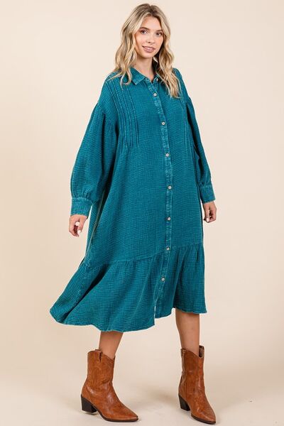 Mittoshop Topaz Blue Mineral Wash Cotton Gauze Ruffle Midi Shirt Dress