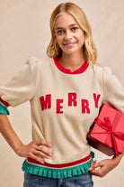 BiBi Christmas Merry Letter Patches Contrast Banded Top