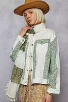 POL Off White Button Down Patchwork Denim Jacket with Floral Print Details