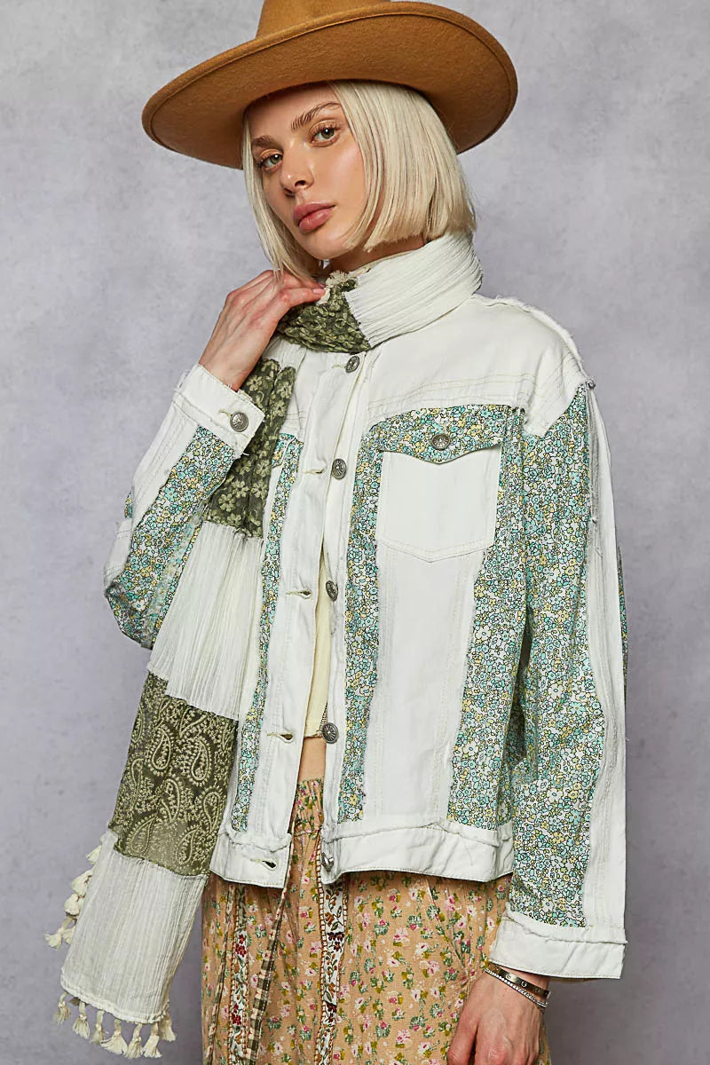 POL Off White Button Down Patchwork Denim Jacket with Floral Print Details