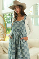 BiBi Denim Washed Vintage Checker Wide Legs Overalls