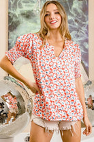 BiBi Floral Jacquard Smoked Puff Sleeves V Neck Top