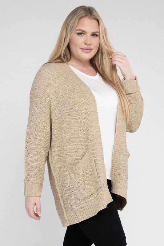 eesome Plus Size Ribbed Knit Open Front Cardigan eesome