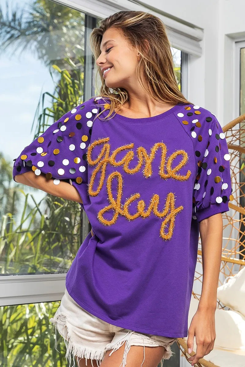 BiBi Purple & Gold Game Day Metallic Letter Spangle Sleeve Top