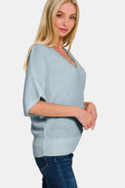 Zenana Blue Grey V-Neck Short Sleeve Dolman Sweater Shirts & Tops