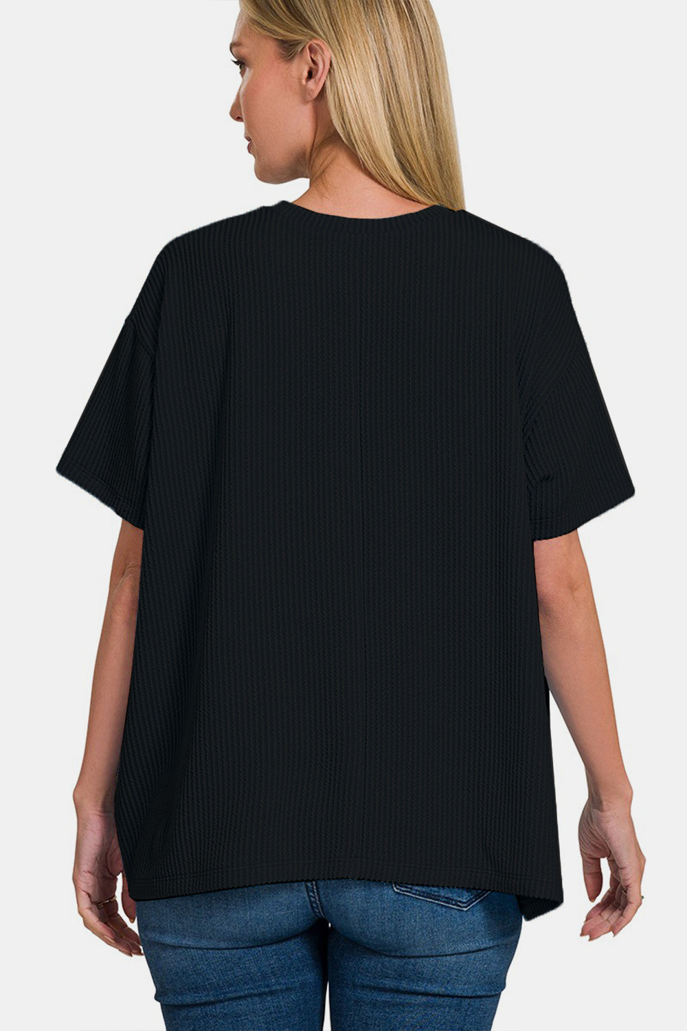 Zenana Black Ribbed Short Sleeve Front Pocket T-Shirt Trendsi