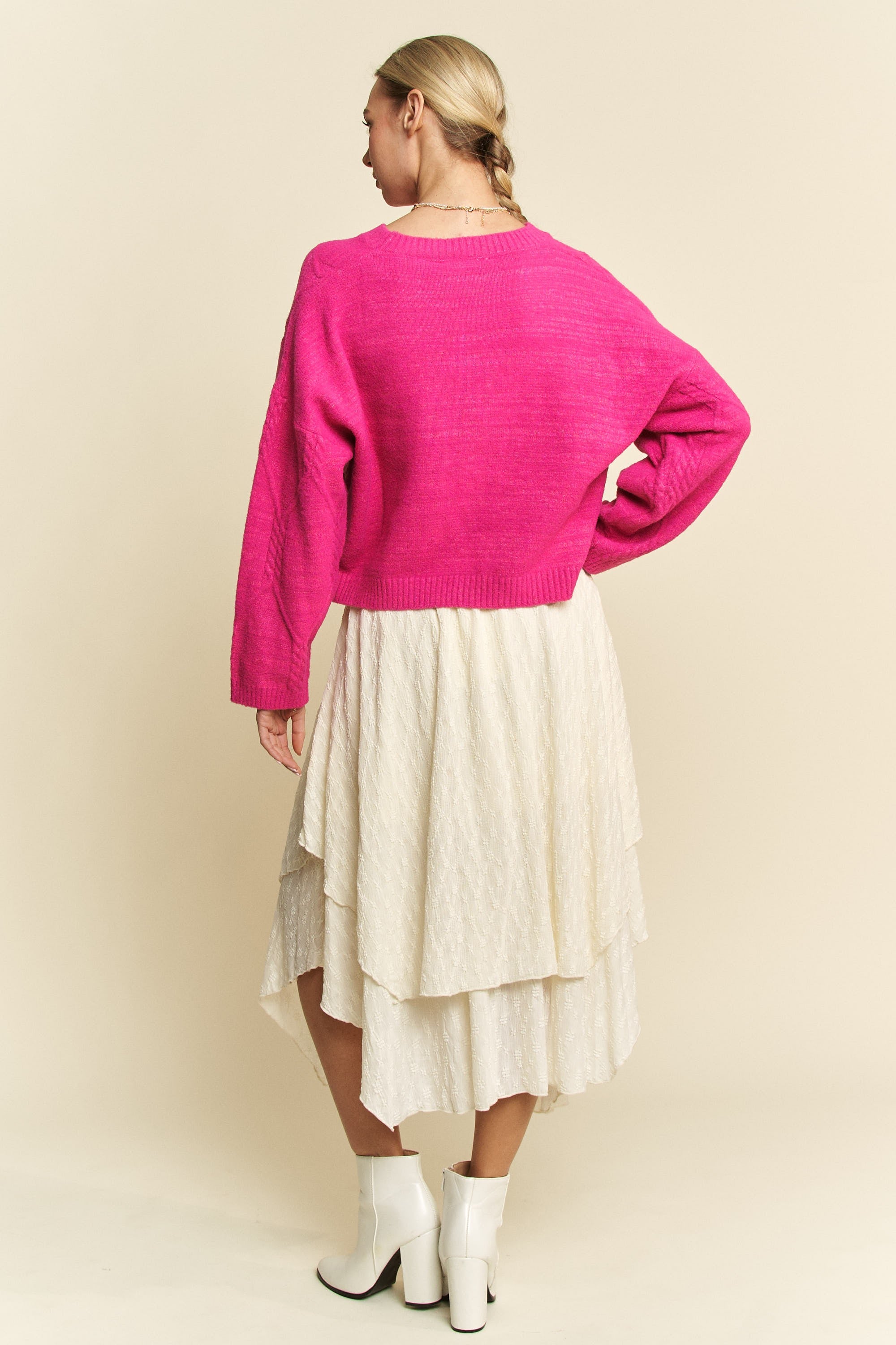 Davi & Dani Pink Diamond Cable Pattern Drop Shoulder Sweater