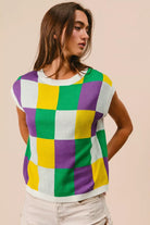 BiBi Mardi Gras Checker Pattern Sleeveless Sweater Top