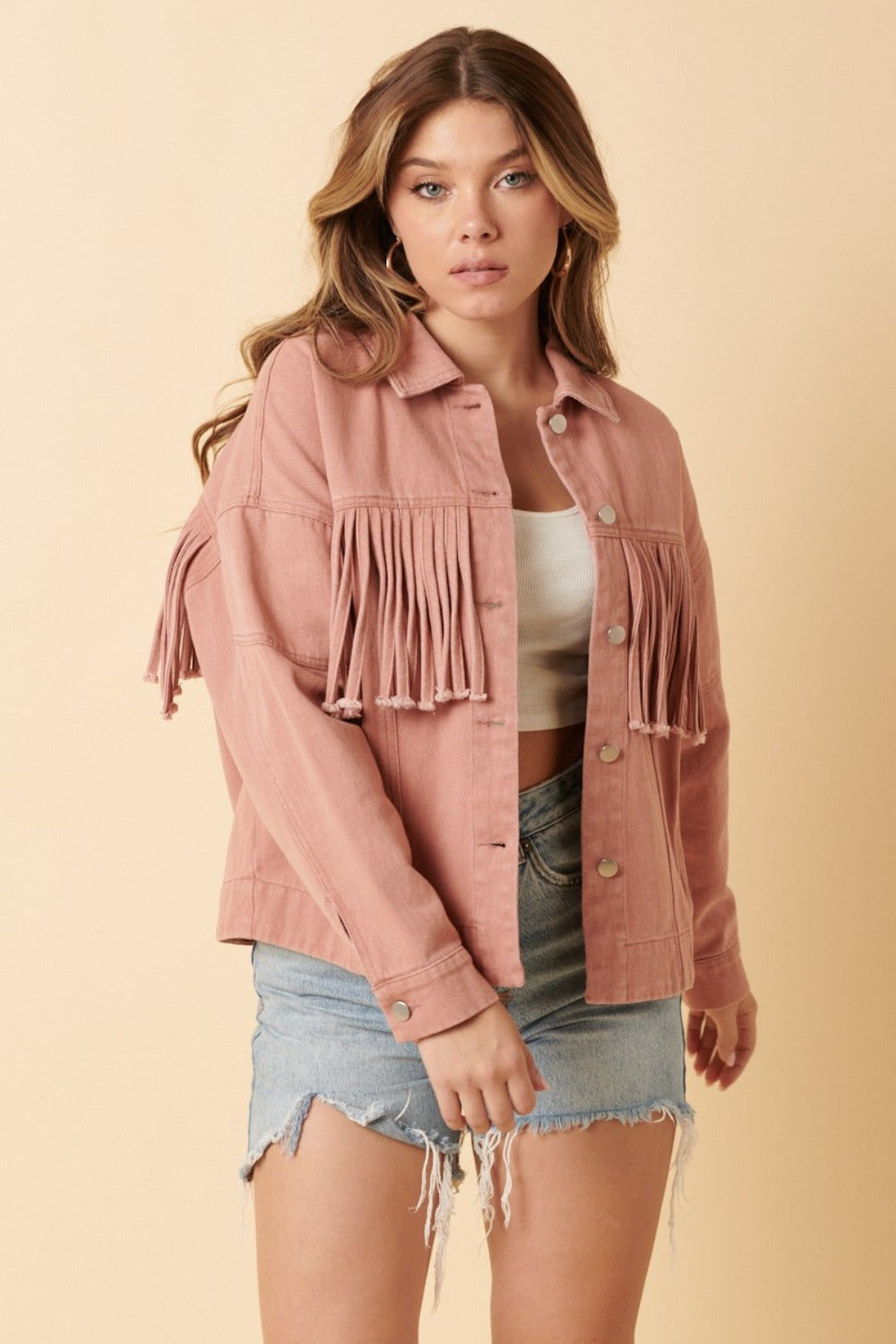 Mittoshop Fringe Detail Cotton Twill Jacket in Dusty Blush Trendsi