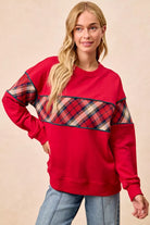 BiBi Red Christmas Theme Plaid Block Sweatshirt with Binding RED