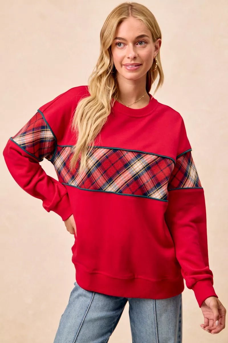 BiBi Red Christmas Theme Plaid Block Sweatshirt with Binding RED