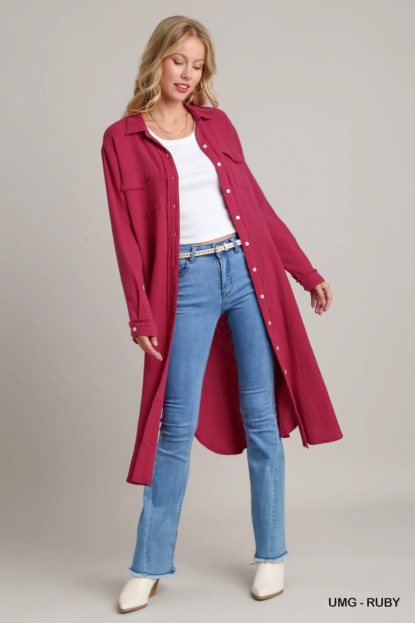 Umgee Ruby Cotton Gauze Button Down Shirt Dress