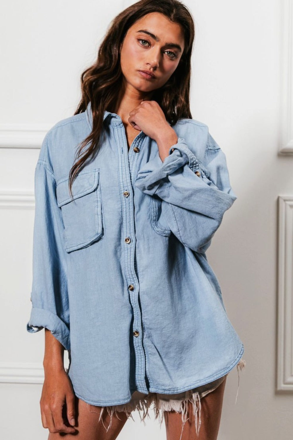 BiBi Denim Blue Button Down Stitch Detail Shirt with Chest Pockets Trendsi