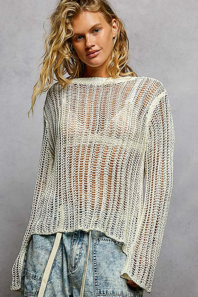 POL Off White Openwork Round Neck Knit Cover Up OFF WHITE