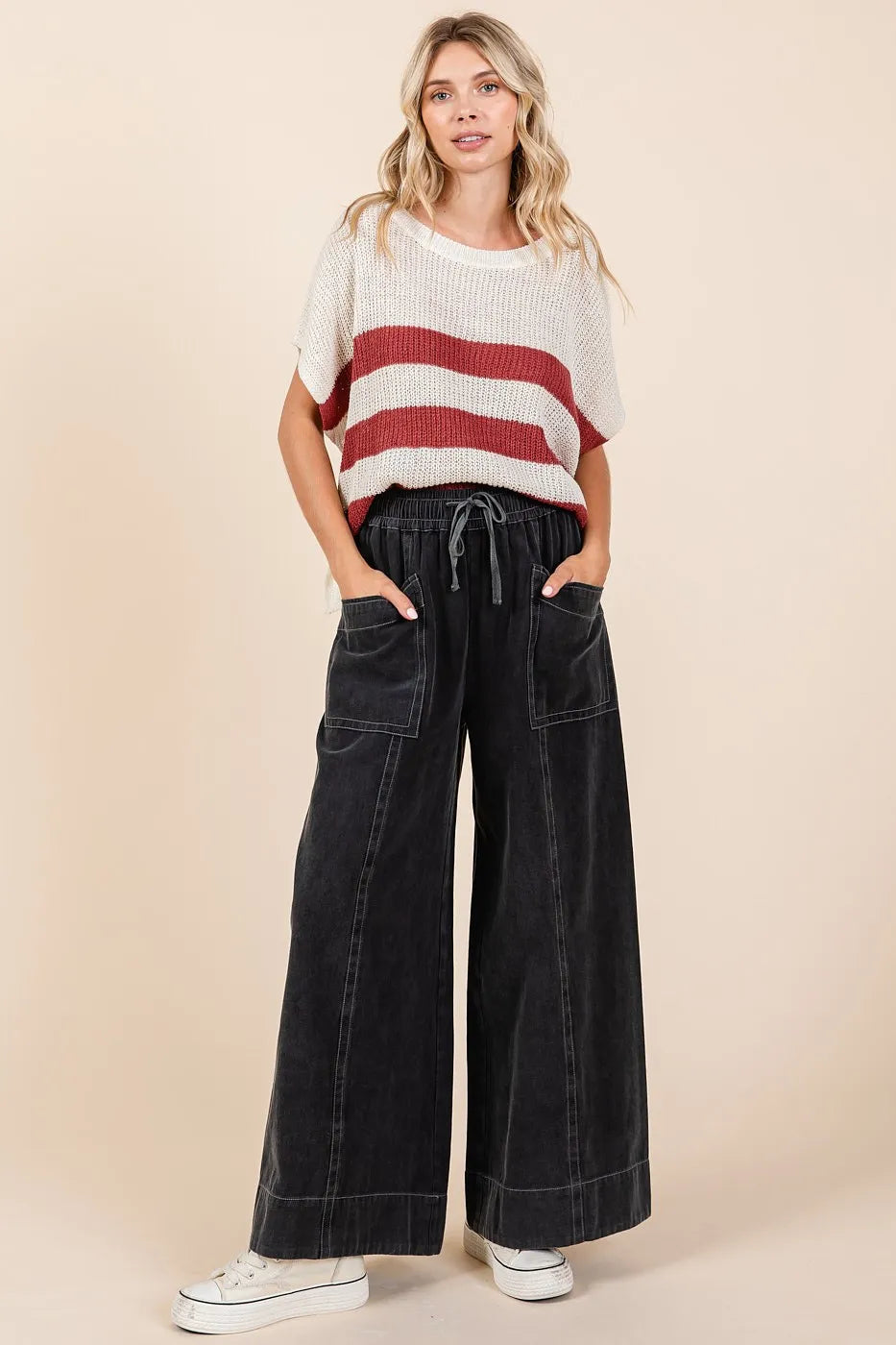 Mittoshop Black Mineral Washed Wide Leg Elastic Waist Twill Pants