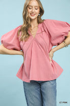 Umgee Light Punk Lace Inset Puff Sleeve Boho Blouse LT. PINK