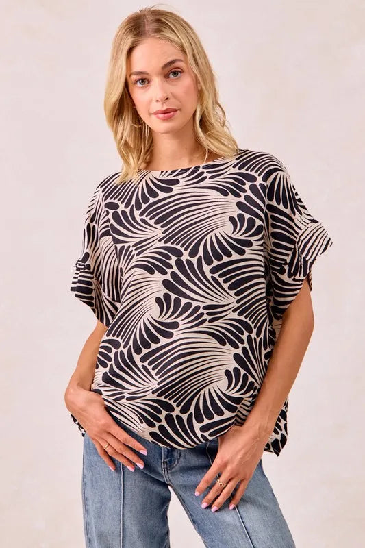 BiBi Black Print Woven Ruffled Sleeves Top