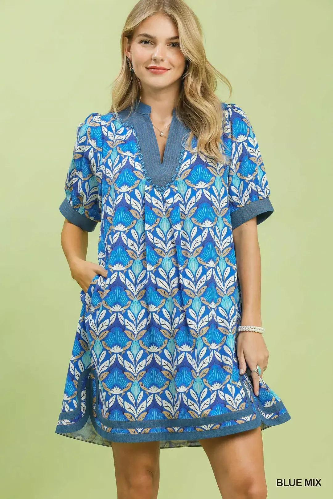 Umgee Mix Tile Print Mini Dress BLUE MIX