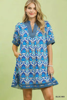 Umgee Mix Tile Print Mini Dress BLUE MIX