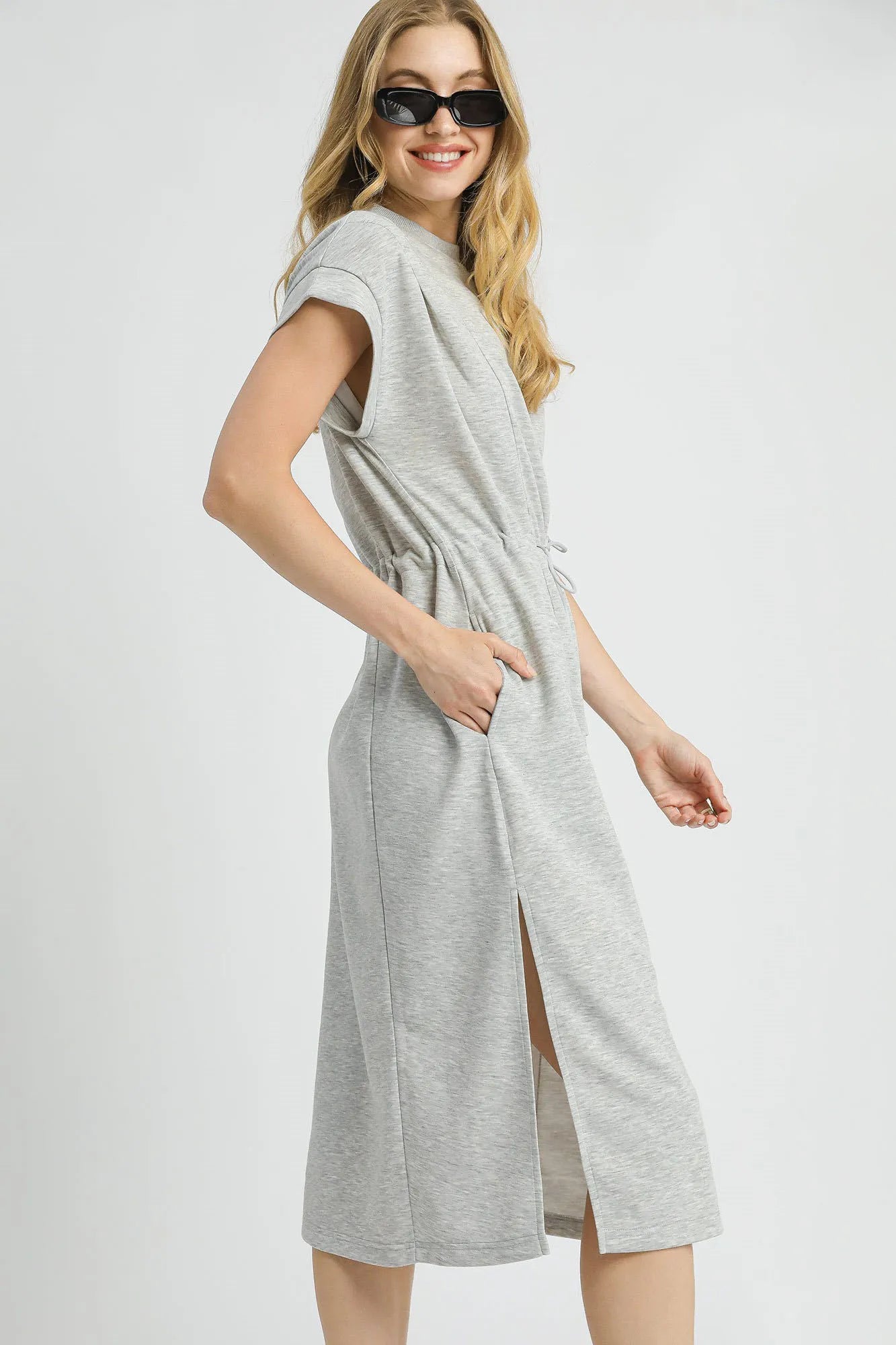 Umgee Grey Side Slit Short Sleeve Luxe Knit Midi Tee Dress