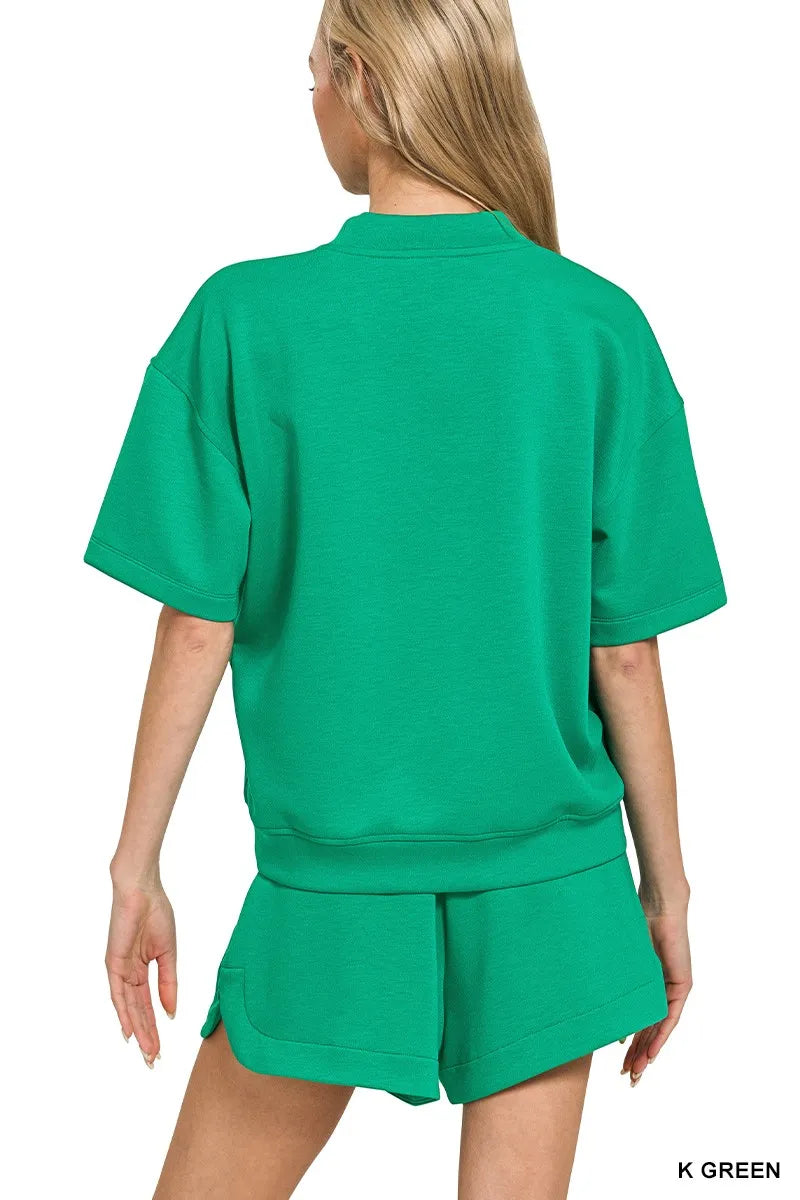 Zenana Kelly Green Scuba Short Sleeve T-Shirt and Shorts Set