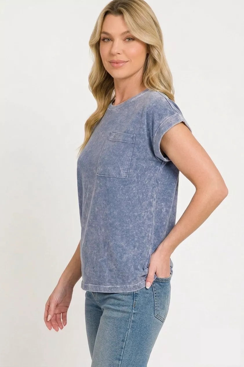 Zenana Navy Halo Snow Washed Cuffed Short Sleeve Tee