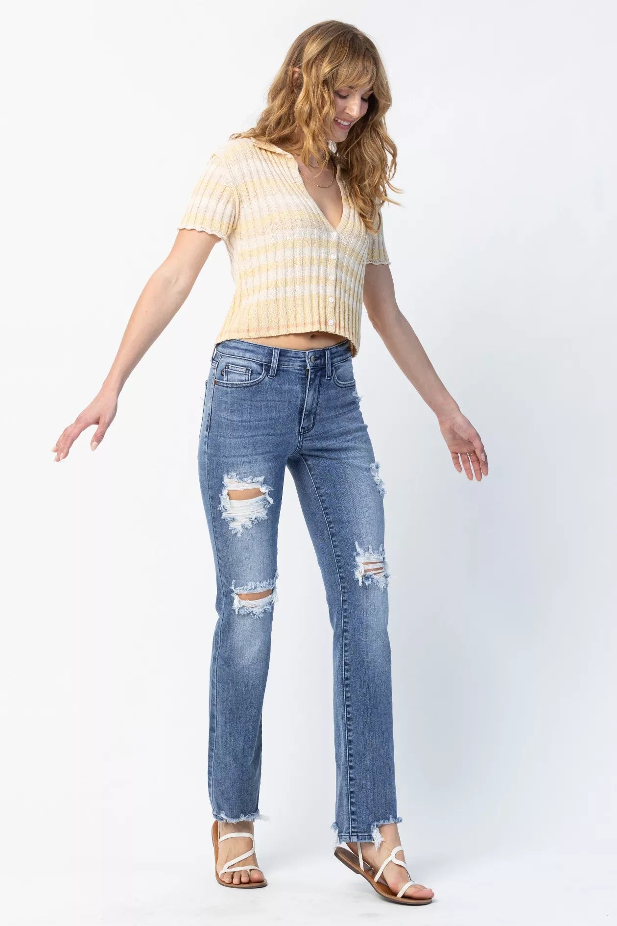 Judy Blue Medium Washed Mid Rise Destroyed Straight Jeans