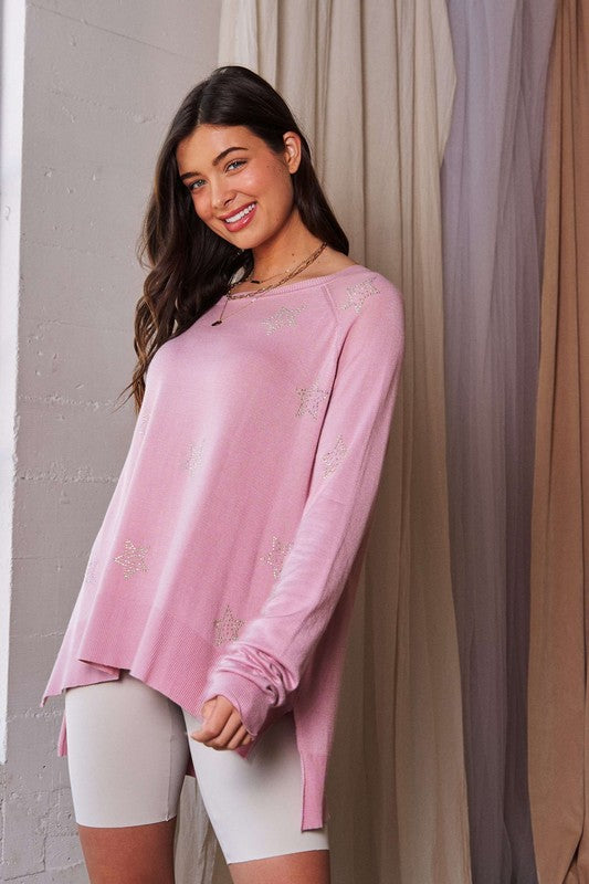 Davi & Dani Pink High-Low Rhinestone Star Round Neck Long Sleeve Top Shirts & Tops