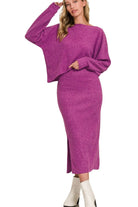 Zenana Light Plum Ribbed Asymmetric Hem and Sleeve Top & Skirt Sweater Set LT PLUM