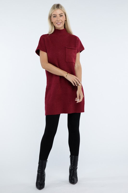 Zenana Mock Neck Short Sleeve Sweater Dress with Pocket in 6 Colors! ZENANA