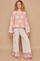 POL Soft Pink Daisy Pattern Drop Shoulder Sweater Trendsi