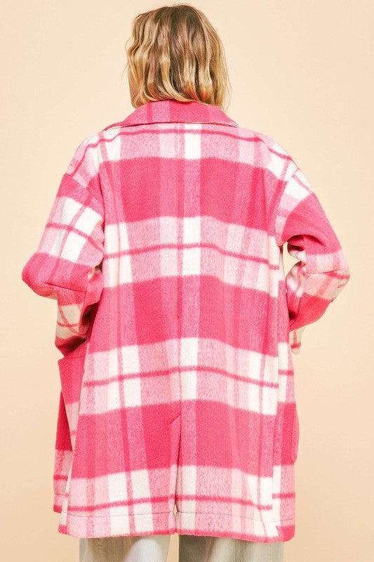 Davi & Dani Hot Pink Checker Plaid Open Front Drop Shoulder Longline Coat Trendsi