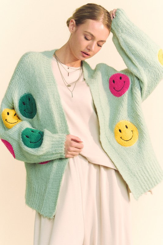 Davi & Dani Sage Fuzzy Smile Open Front Long Sleeve Cardigan