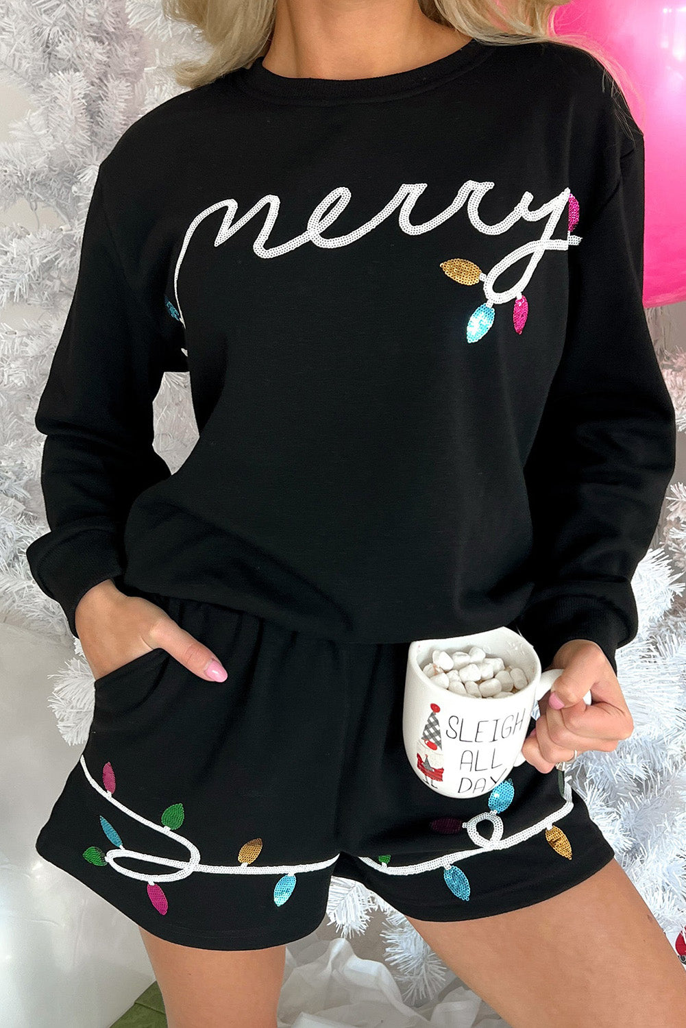 Black Sequin Merry Graphic Pullover and Shorts Outfit Ruby Idol Apparel