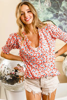 BiBi Floral Jacquard Smoked Puff Sleeves V Neck Top