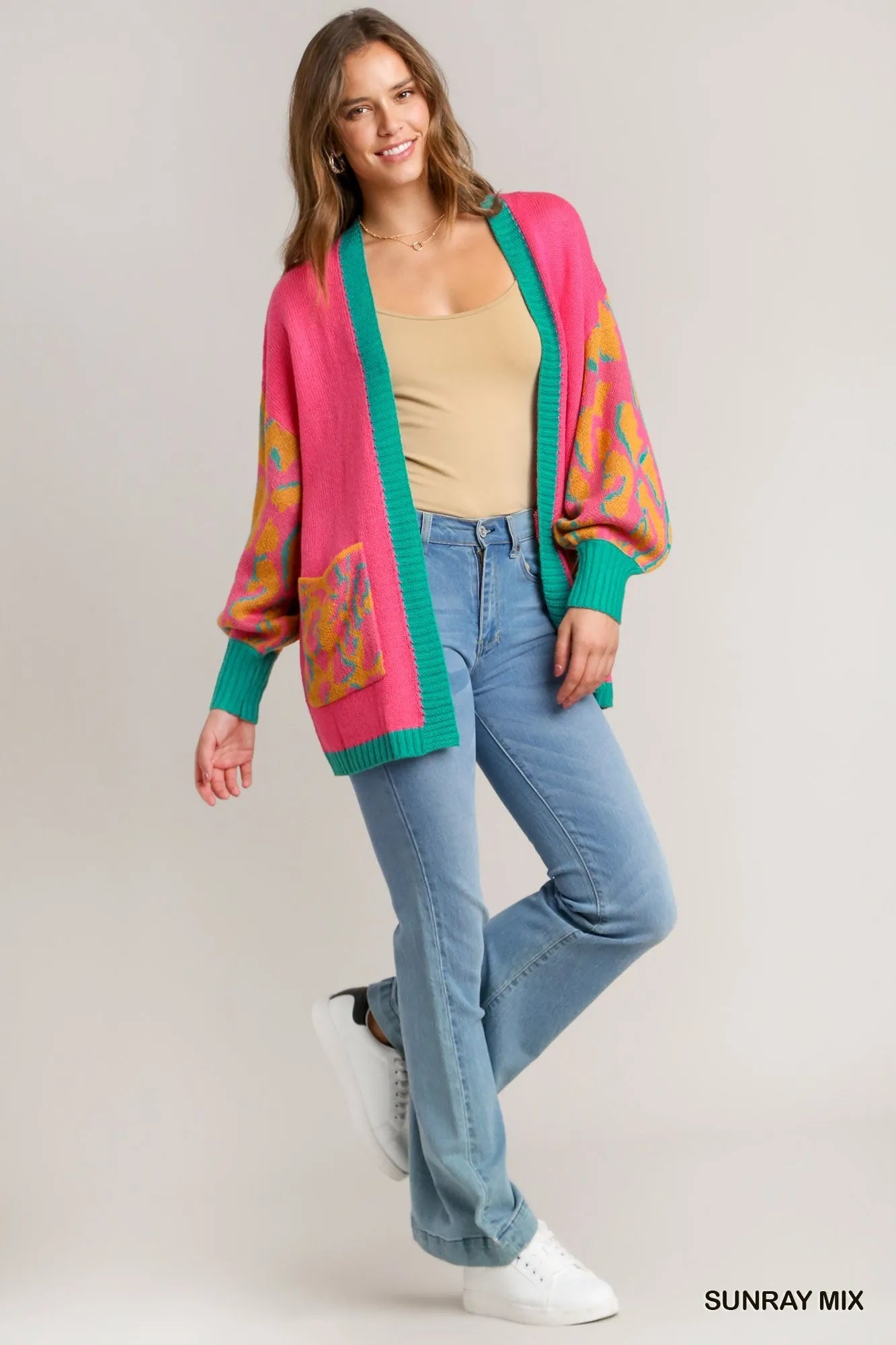 Umgee Sunray Mix Animal Print Open Front Sweater Cardigan