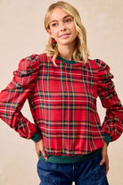 BiBi Christmas Plaid Exaggerated Shoulder Sleeves Top