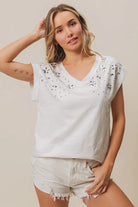 BiBi Slub Jersey Rhinestone V Neck Top