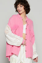 POL Fuchsia Pink Openwork Lantern Sleeve Button Down Gauze Shirt Fuchsia Pink Shirts & Tops