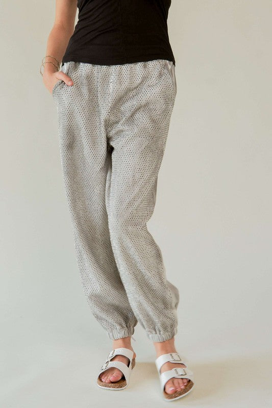 Davi & Dani Light Gray Rhinestone Elastic Waist Joggers Pants