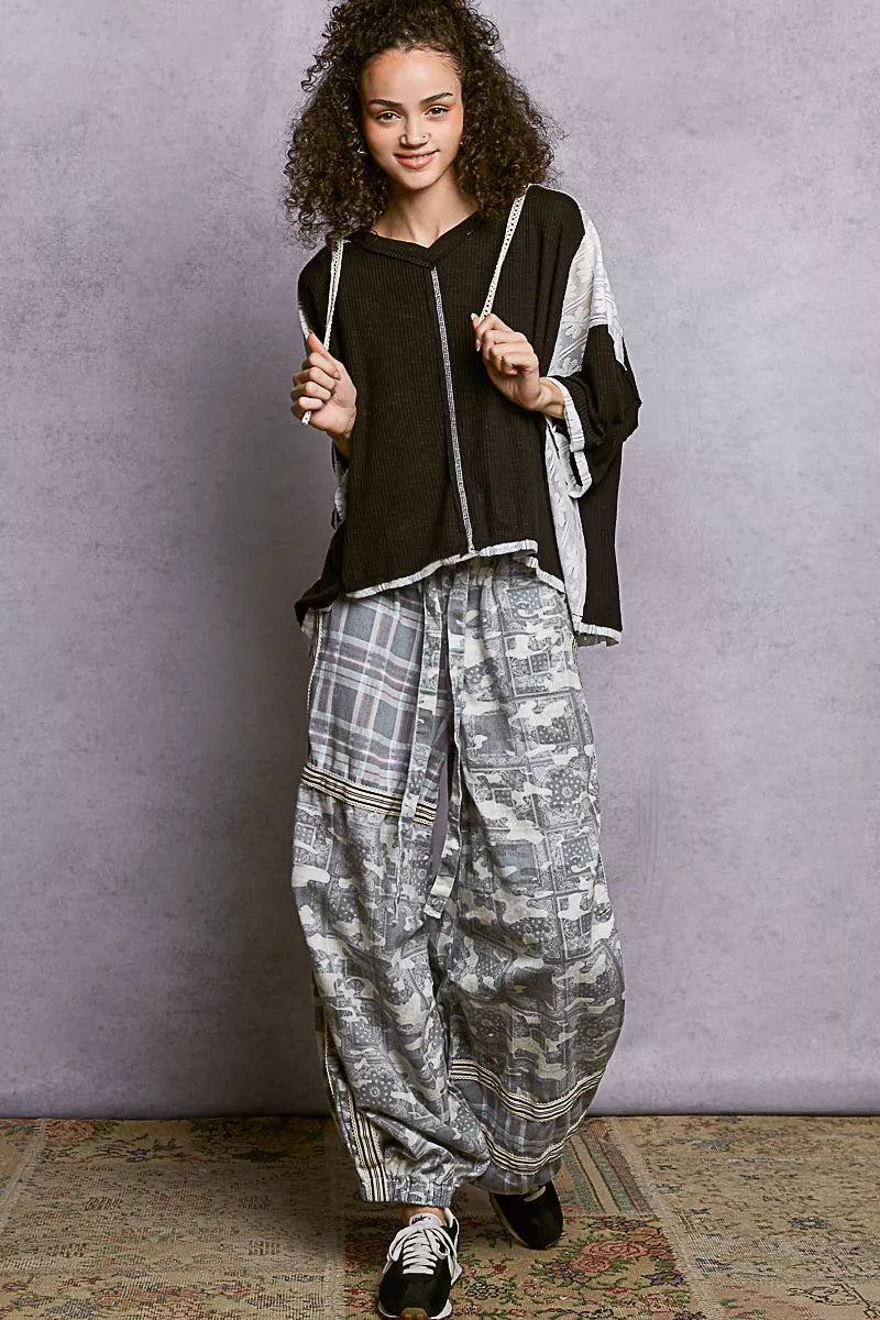 POL Black Short Sleeve Hoodie Top with Lace Detail