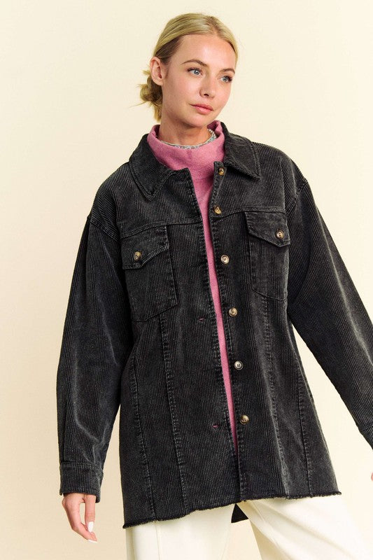 Davi & Dani Black Washed Corduroy Raw Hem Button Up Jacket Coats & Jackets