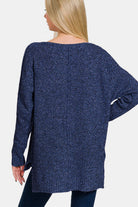 Zenana Dark Navy High-Low Center Seam V-Neck Sweater Shirts & Tops