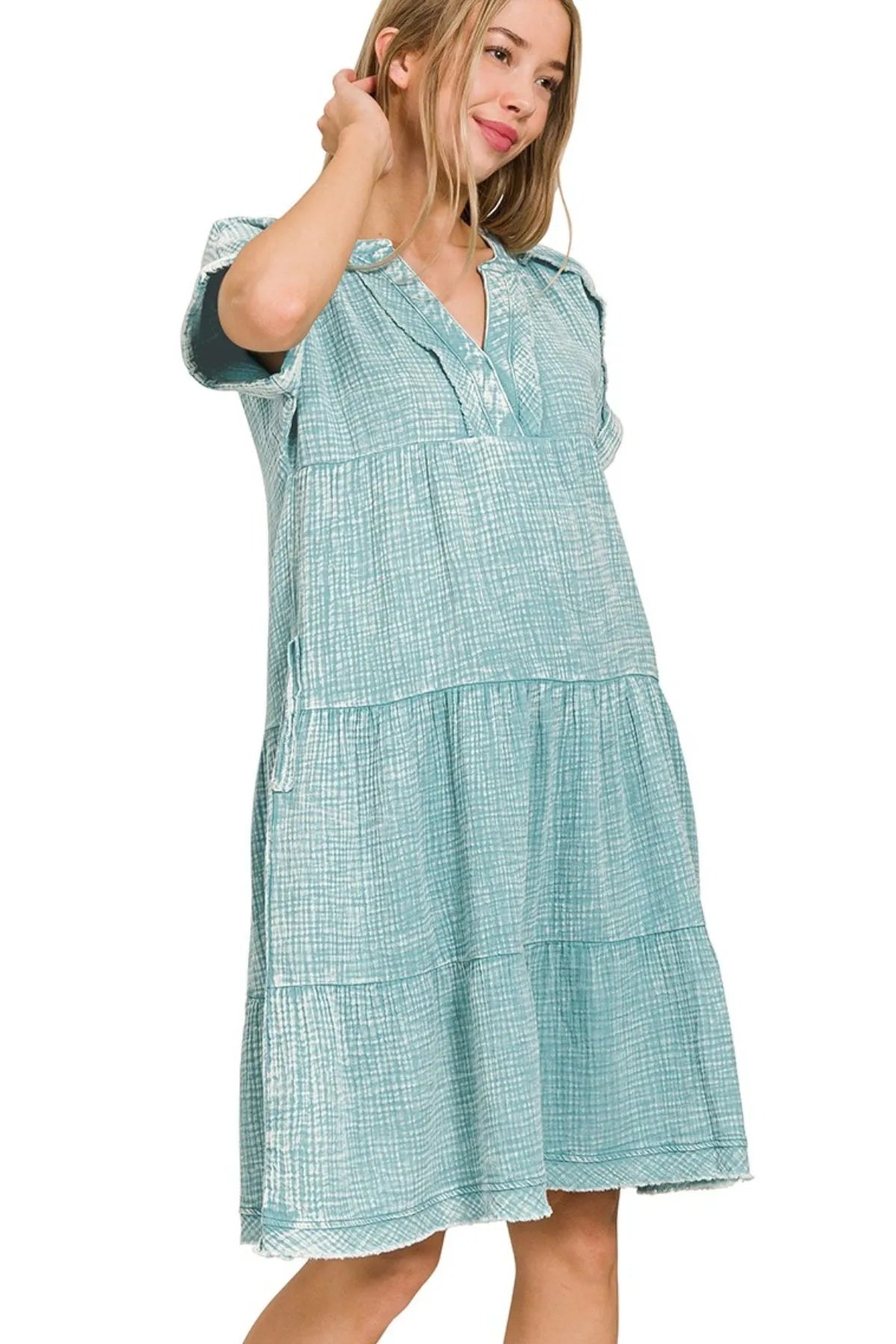 Zenana Dusty Teal Washed Double Gauze Raw Edge V-neck Dress
