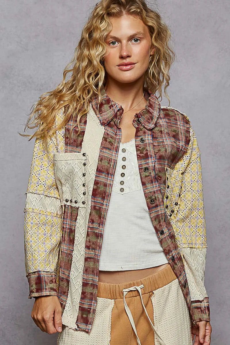 POL Oversized Studded Contrast Lace & Plaid Long Sleeve Shirt Dark Brown