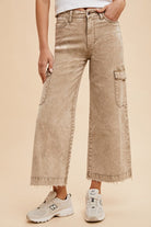 Annie Wear Washed Camel Raw Hem Wide Leg Jeans with Cargo Pockets